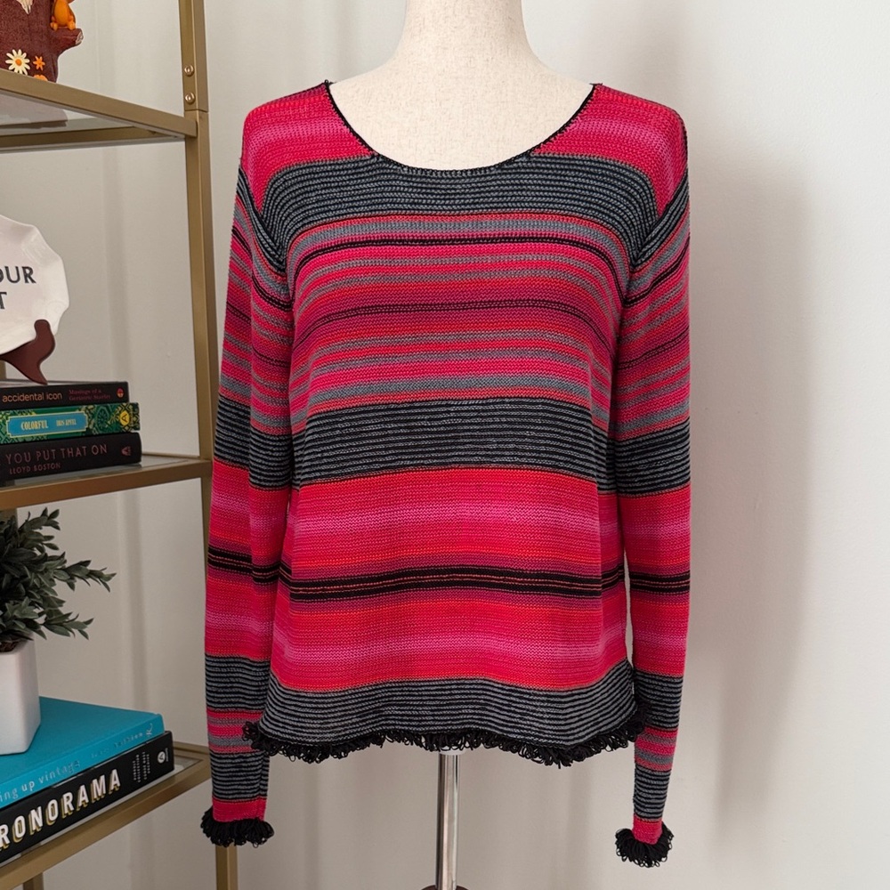 Sigrid Olsen Fuchsia and Black Striped Scoop Neck Sweater
